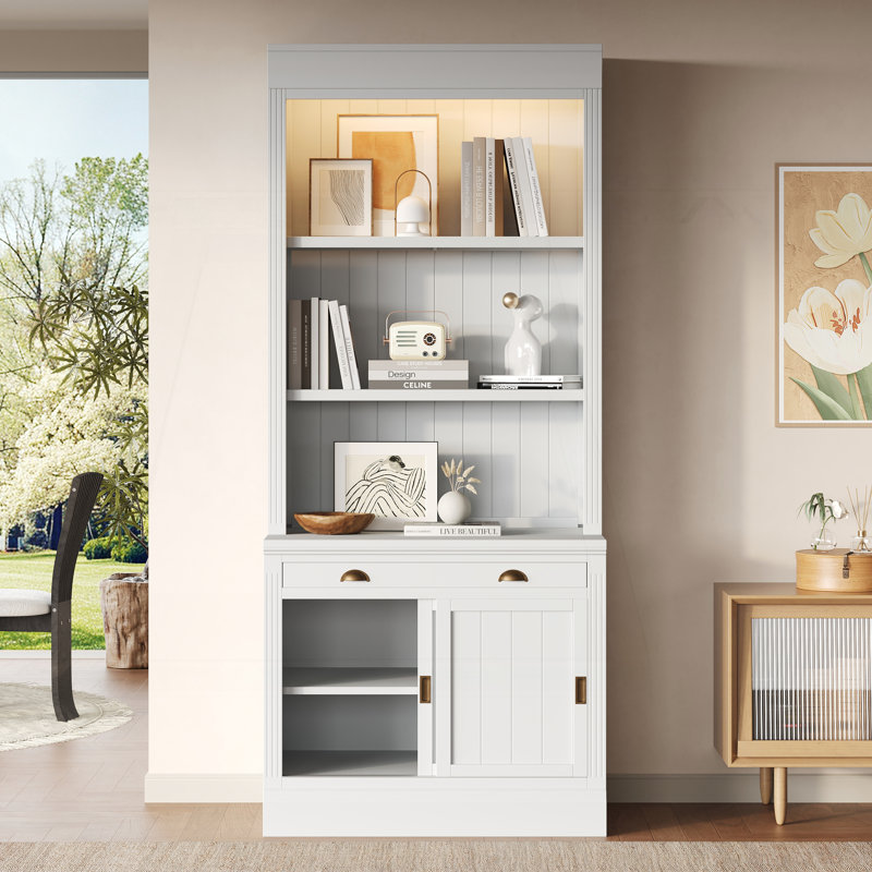 Sophisticated Tall Bookshelf with LED Lights and Versatile Storage Options, White