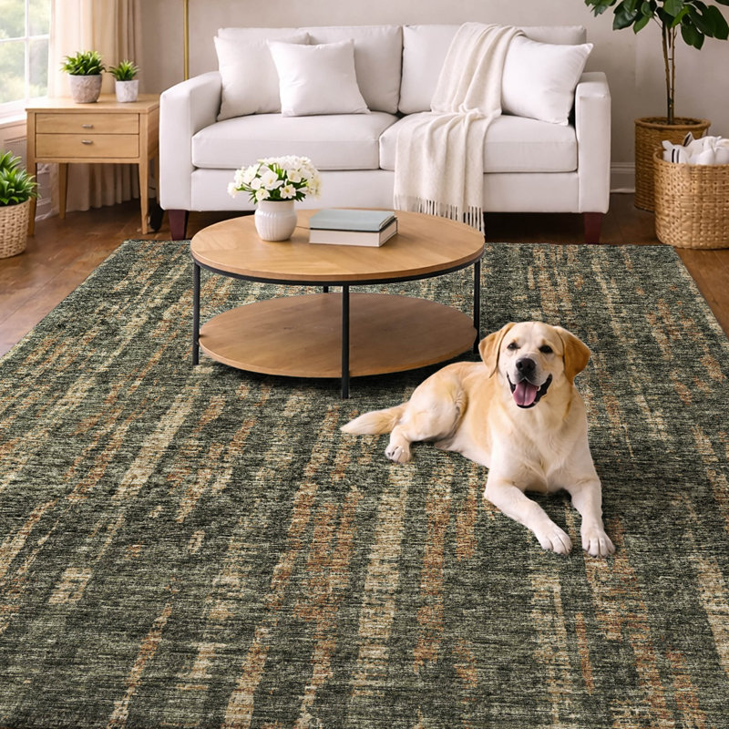 Premium Machine Washable Dream Shag ADS39 Broken Bars Rug, Green, 5' x 7'6"