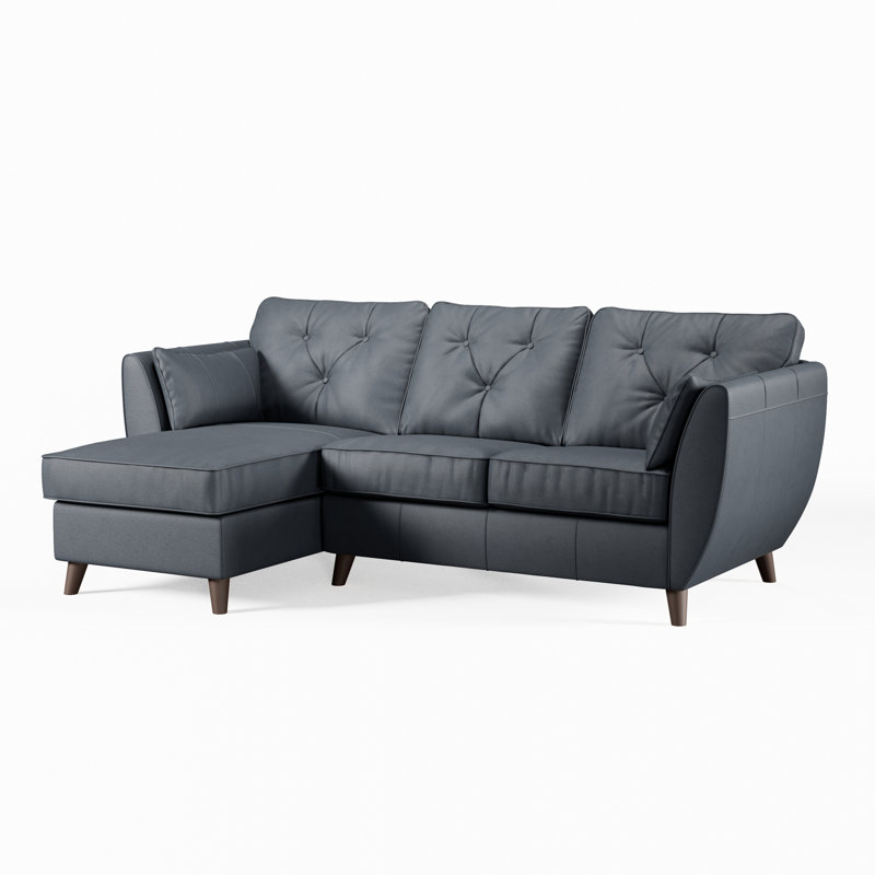Hoxton 3 Seater Leather Maxi Sofa Chaise, Left Hand Facing, Navy, Dark Wood