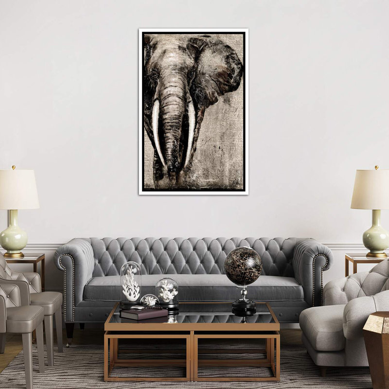 " Elephant On Newspaper " by Patricia Pinto, White Framed, 60" H x 40" W x 1.5" D