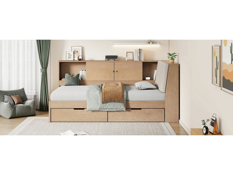 Wooden L-Shaped Daybed Corner Bed Under-Bed Drawers  With Storage Bookcase And Upholstered Headboard And USB Charging Ports For Limited Space