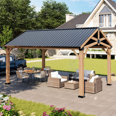  Jolydale 16 Ft. W x 12 Ft. D Soild Wood Frame Hardtop Gazebo With Galvanized Steel Peak Roof, Suitable For Patios, Lawn And Backyard