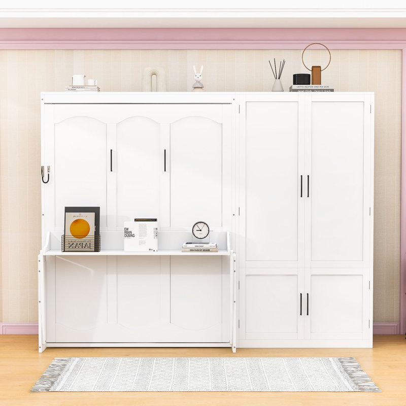 Grand lit escamotable en bois avec garde-robe et tablettes, Blanc