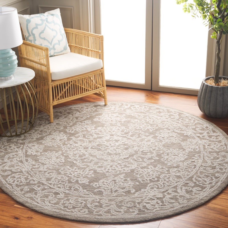 Tapis floral en laine touffeté à la main en ébène de couleur ivoire / gris / gris foncé Cemaliye, Rond 6 pi