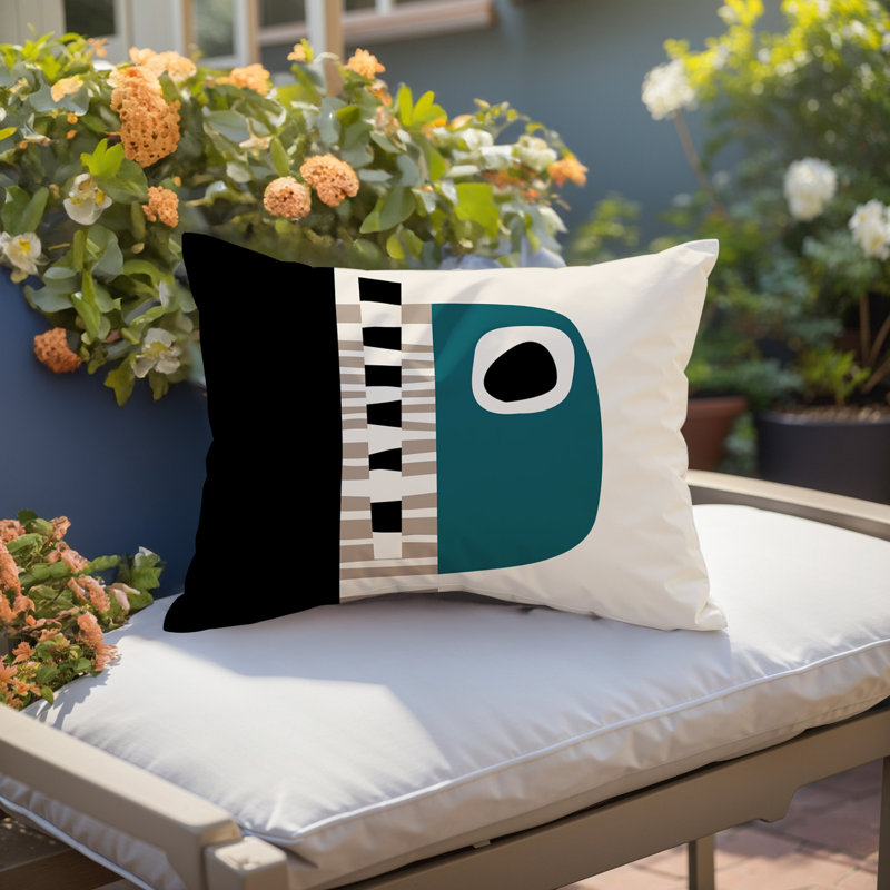 Oreiller rectangulaire réversible intérieur / extérieur Rikka, H 18 po x l 25 po, Émeraude / noir / blanc cassé