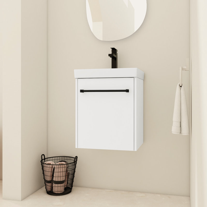 Meuble-lavabo de salle de bain avec lavabo en céramique et porte à fermeture en douceur. Pour économiser de l'espace. Petites salles de bain de style moderne. Évier de meuble en contreplaqué 18 po. Porte paisible. Espaces de bain. Fabriqué