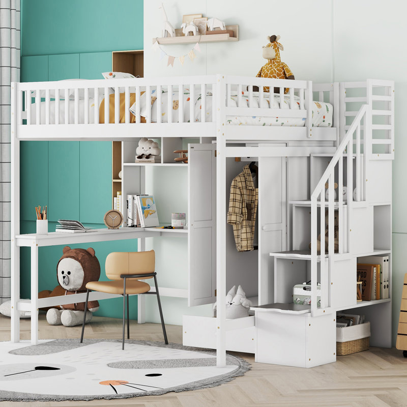 Lit mezzanine double avec bibliothèque, tiroirs, bureau et garde-robe pour une vie multifonctionnelle et un rangement amélioré