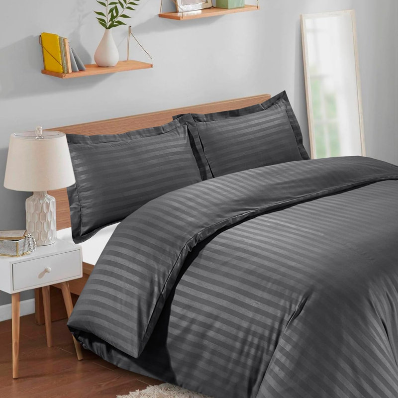 Neacsu Microfiber Striped Duvet Cover Set with Pillowcases Included, Grey, Double Duvet Cover + 2 Standard Pillowcases