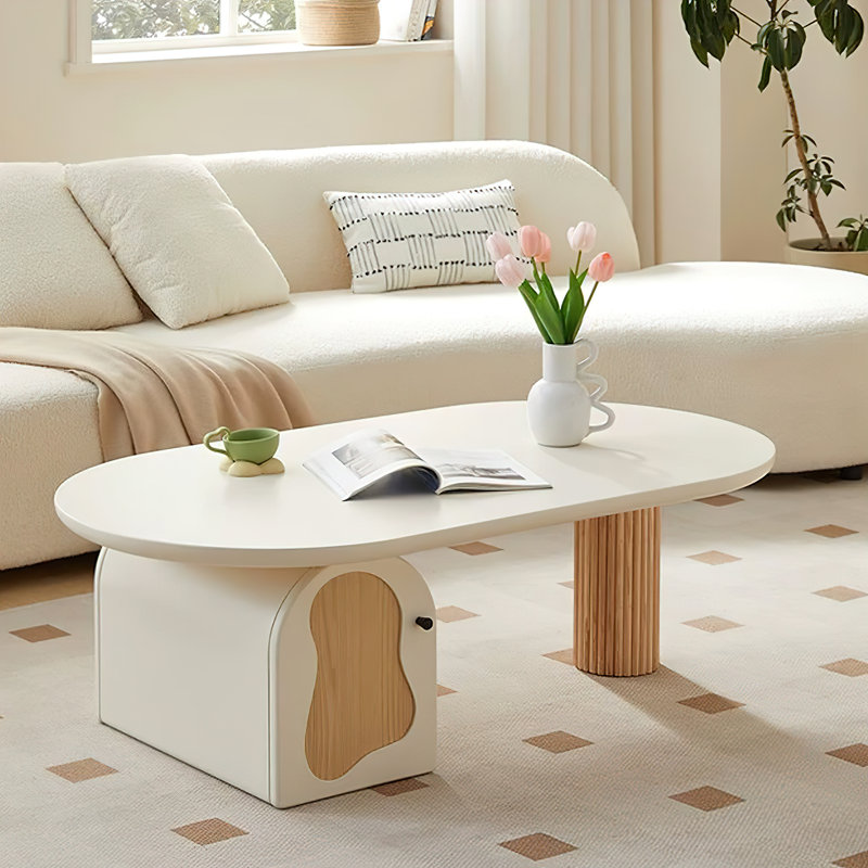 Table basse moderne de 47,2 po avec rangement, plateau semi-circulaire, base à colonne romaine, finition blanche et bois