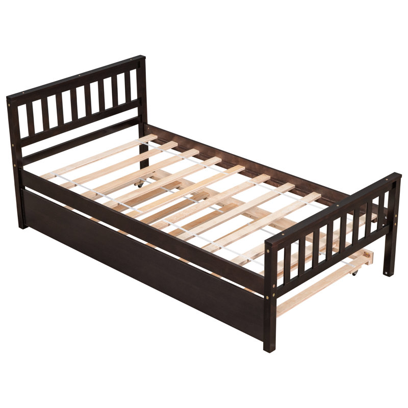 Twin Bed With Trundle, Platform Frame Headboard And , No Box Spring Needed For Compact Bedrooms, Pull - Out Trundle Extra Option, Space Saving Design, Pine, Quick Setup Perfect Small Living Areas,