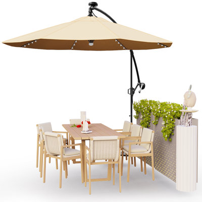8.9x8.9ft 2-tier Cantilever Patio Umbrella W/base Included, Solar Led Lights Large Offset Hanging Outdoor Sun Shade For Deck Pool Backyard W/stand – Khaki