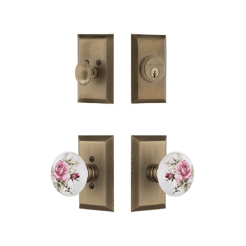 Nostalgic Warehouse Studio Entry Set with White Rose Porcelain Knob, Antique Brass