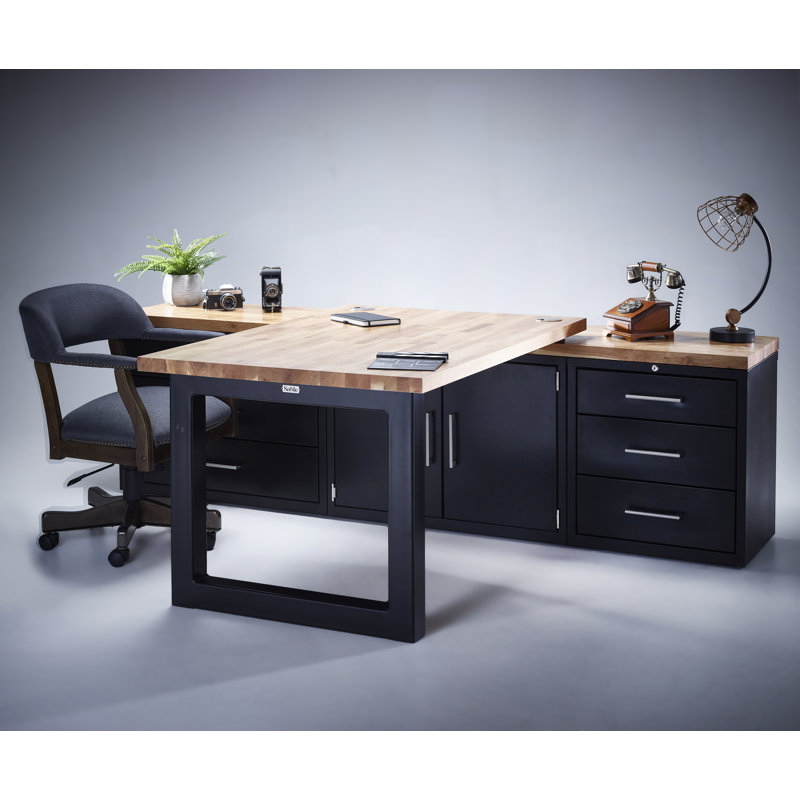 Elvita Solid Wood Top Metal Base Executive Desk, 215cm H x 210cm W x 210cm D