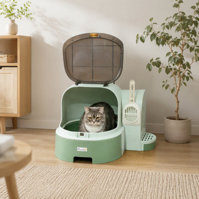 Bac à litière pour chat avec couvercle, bac à litière couvert, facile à nettoyer et à ouvrir, y compris le couvercle avant ouvrable, pelle à litière, vert