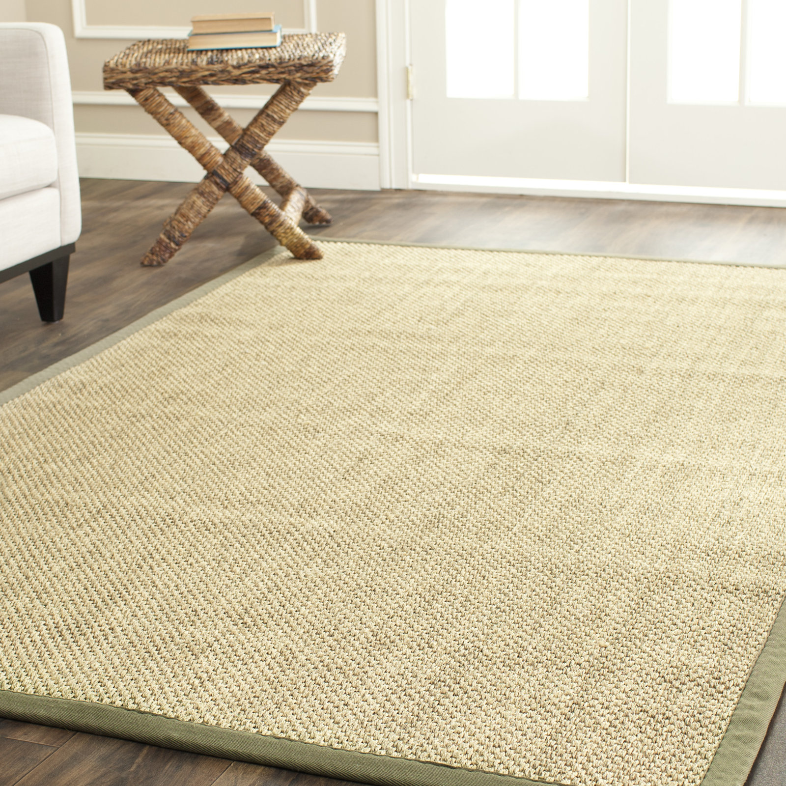 Beige Green Floral Jute Rug, Rectangle 4' x 6'