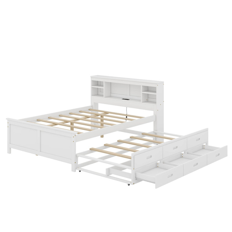 Lit plateforme avec tête de lit, USB, lit simple et tiroirs, Lit double, Blanc