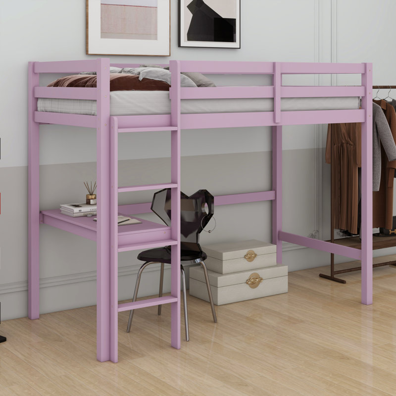 Twin High Loft Bed, Rubber Wood Loft Bed With Safety Guardrail, Built-In Desk, Ladder, Pink