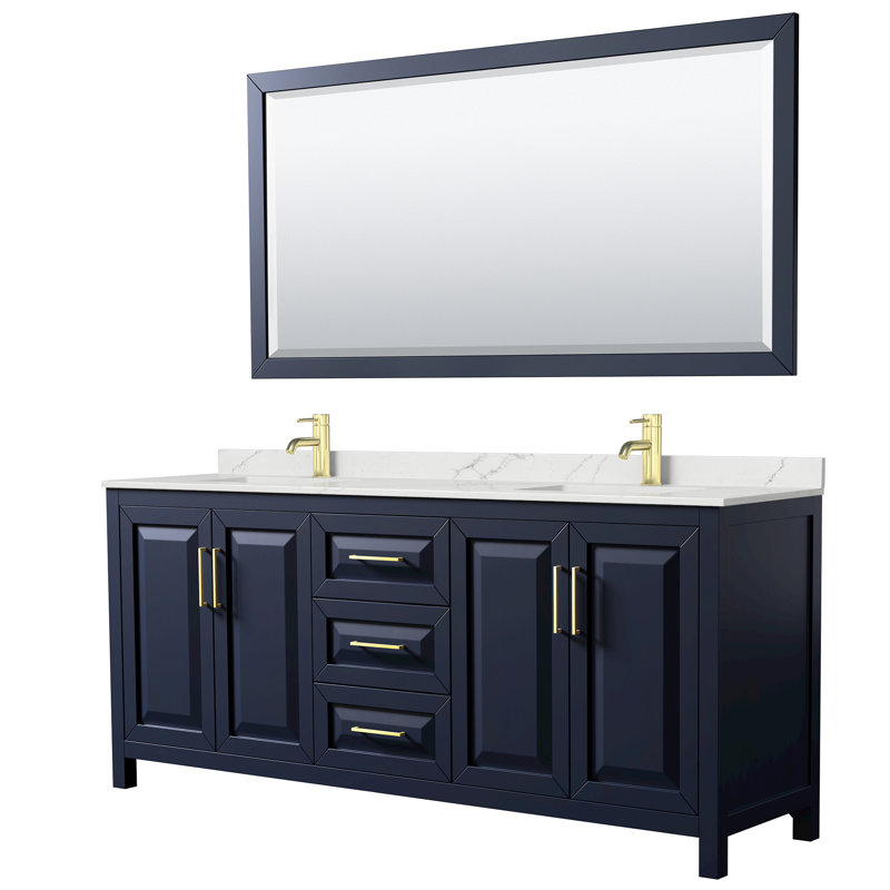 Ensemble de meuble-lavabo double 80 po avec dessus en quartz et miroir Daria, Quartz blanc, Bleu, Or brossé