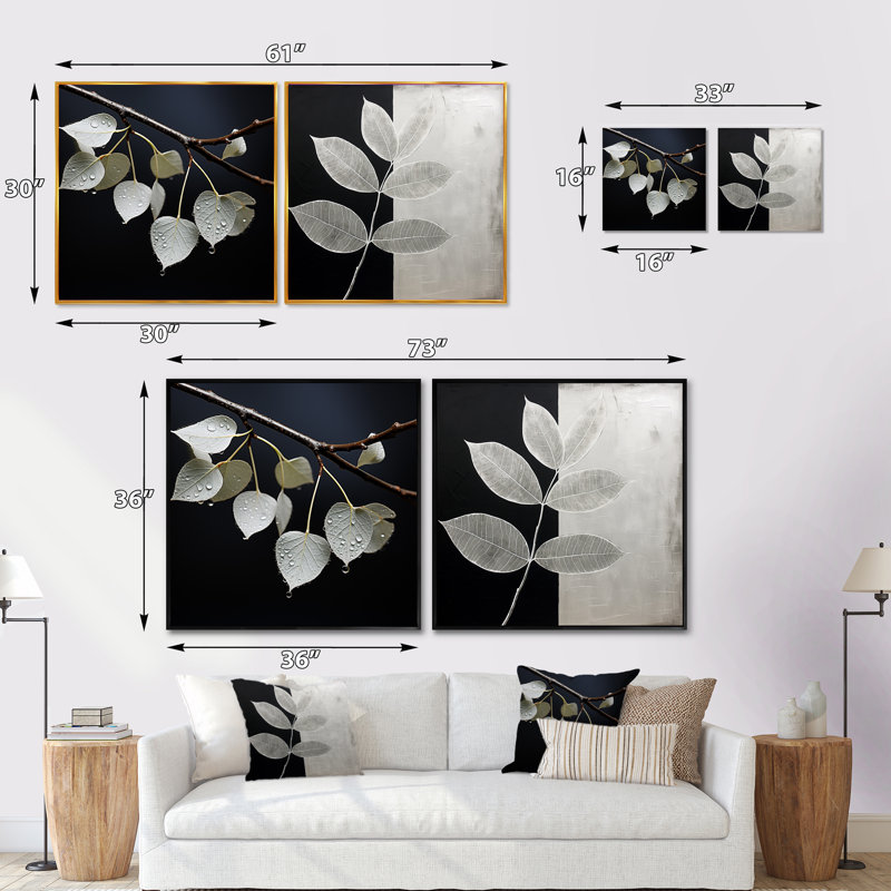 Laisser la silhouette en argent - ensemble de 2 feuilles carrées, Cadre flottant doré, H 36 po x l 73 po
