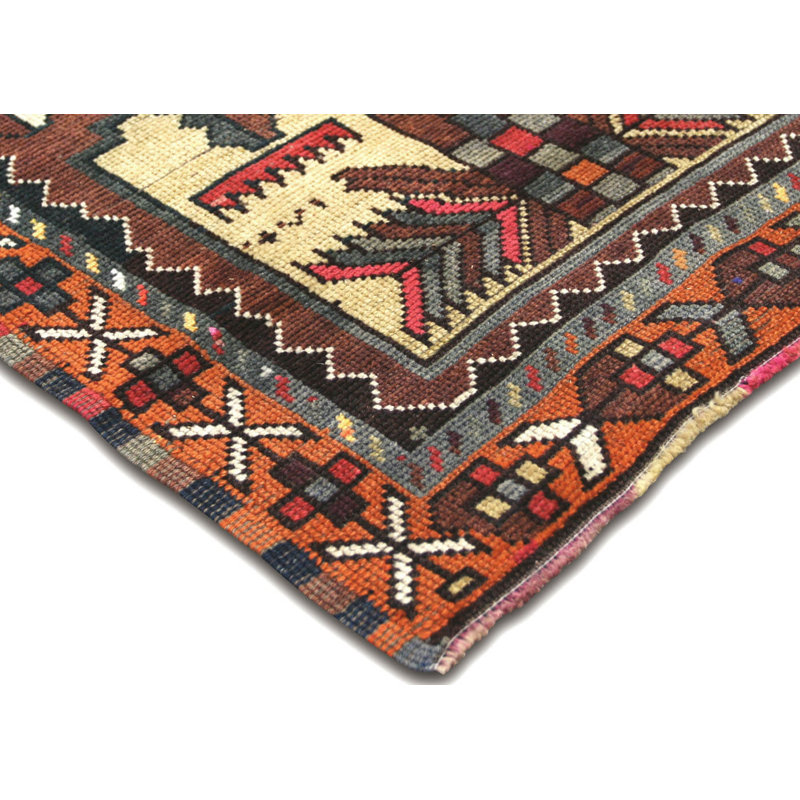 Tapis de couloir unique en laine noué à la main de style années 1960 de 2 pi 8 po x 14 pi 8 po en rouge foncé / jaune / gris