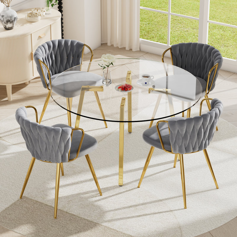5 Piece Gold Glass Dining Table Set, Gray, 29.5"H x 42"W x 42"D
