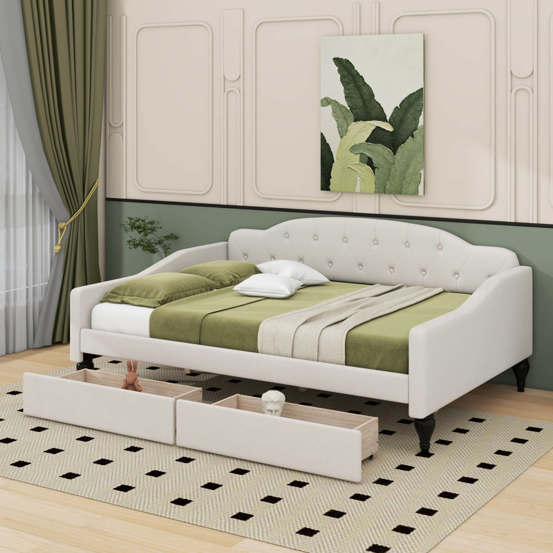 Full Size Upholstered Tufted Daybed With 2 Drawers