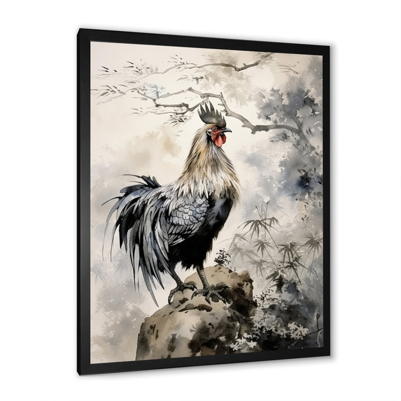 Aymie Asian Art Rooster Sumi I sur impression sur toile, Cadre photo noir, H 20 po x l 12 po x P 1 po