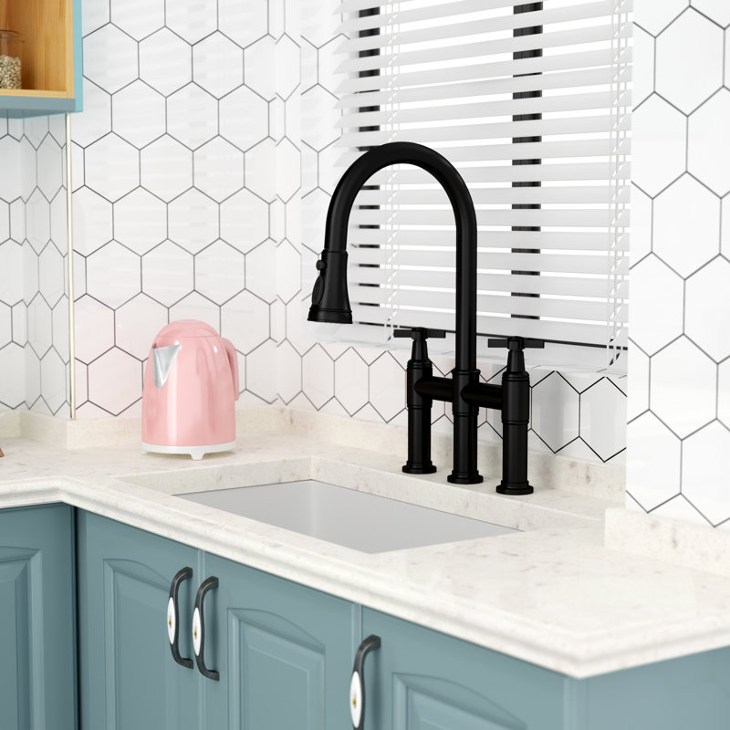 Bridge Kitchen Faucet with 24" Pull-Out Hose & 3-Function Sprayer, Matte Black