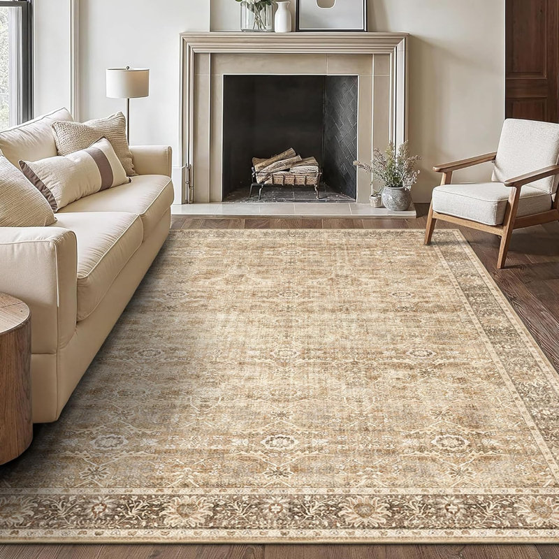 Tapis vert lavable pour salon, Beige, Rectangle 6'x9'