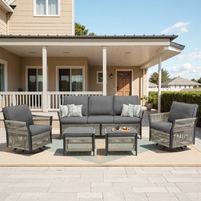 5 Piece Outdoor Patio Set, All-Weather Rattan Sofa With Removable Cushions, Ottomans And Rattan Patio Swivel Glider Chairs Set Of 2, Outdoor Conversation Set For Patio, Porch, Backyard