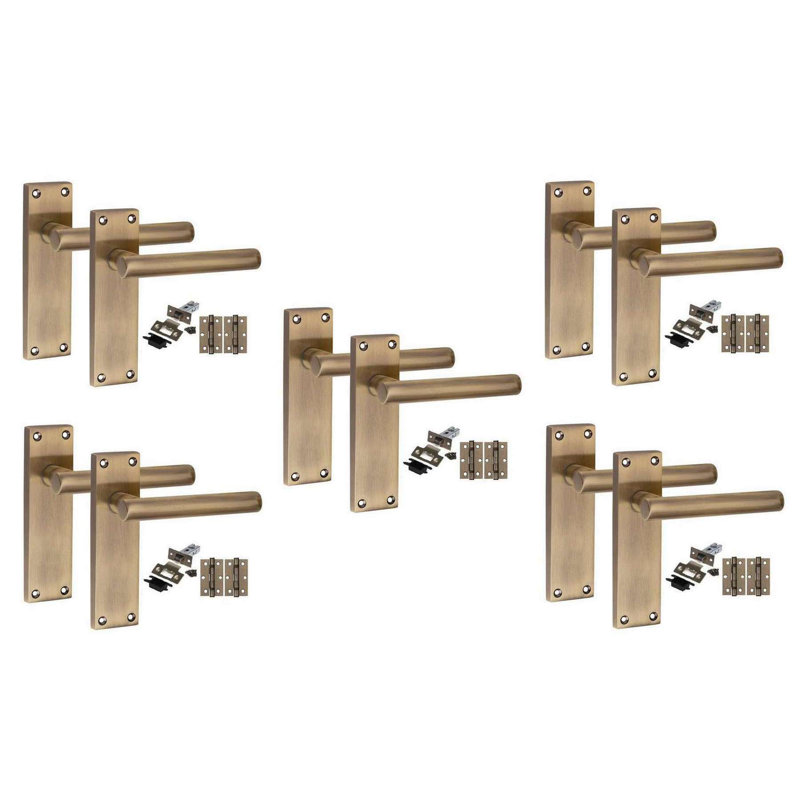 Golden Grace 5 Pairs Victorian Straight T-Bar Door Handle on Backplate Antique Brass with 2.5" Latch & Hinges - 150mm x 40mm