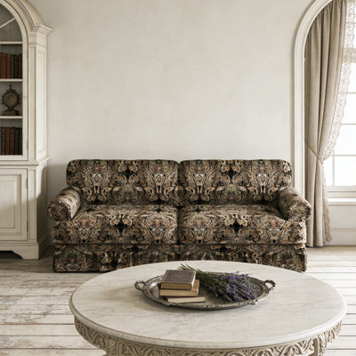 74.03" 3-Seater Deep Seat Sofa, Floral Oxford Fabric Upholstered Couch with Rolled Arms & Pleated Skirt, 26.41" Extra Deep Seating Mid Century Sofa, for Living Room, Apartment & Office
