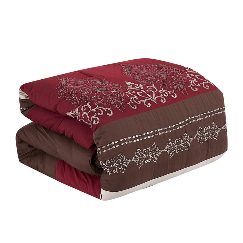 Ensemble d'édredon 7 pièces à broderie brune bourgogne 7 pièces
