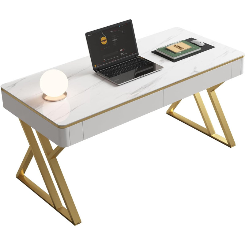 Executive Desk with Drawers, White Computer Desk with Drawers with Tempered Glass Top & Marble Pattern, 47 inch Modern Home Office Desk with Charging Station for Study, Living Room, Bedroom