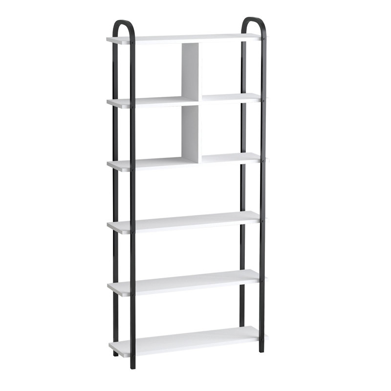 Modern Industrial Bookshelf with Metal Legs, Black & White, 30.7 x 67.0 x 8.7 inches | 100% Melamine Coated Particle Board, Thickness: 0.7 inches | Numerous Shelves, Wall-Mountable Design, Perfect for Home & Office Decor