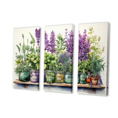 «Purple Green Herbs Herbal Haven» sur toile, reproduction de 3 pièces