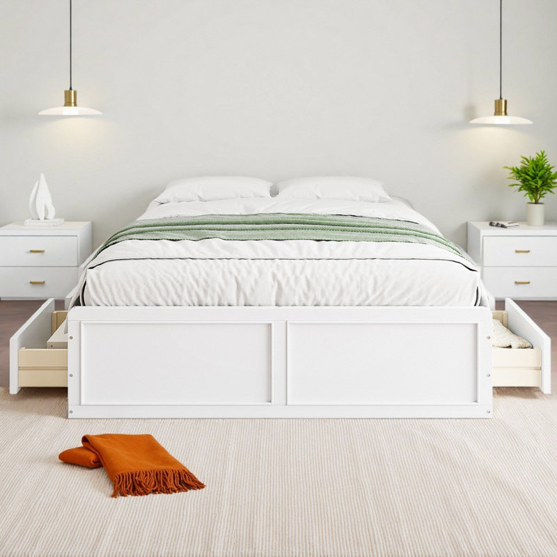 Grand lit plateforme avec 6 tiroirs de rangement - Structure en bois massif et en panneau de fibres à densité moyenne, aucun sommier nécessaire, tiroirs de rangement sous le lit pour l'organisation de la chambre à coucher