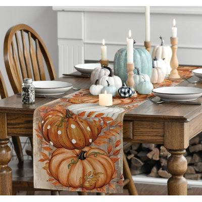 Orange Pumpkins Leaves Woods Autumn Table Runner 40x140 cm | Seasonal Fall Kitchen Dining Table Decoration for Home Party Decor