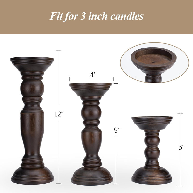 Set Of 3 Rustic Wooden Pillar Candle Holders