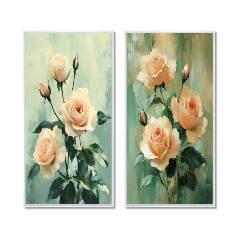 Collection de 2 panneaux roses roses et vertes Serenity I, H 32 po x l 33 po, Cadre flottant blanc