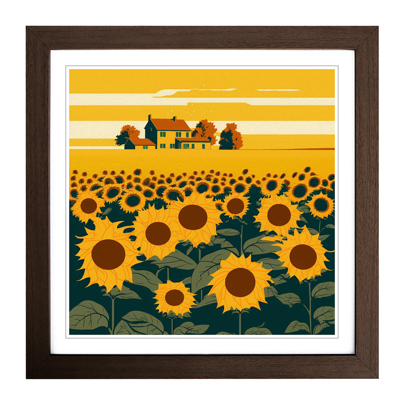 Sunflower Field Mid-Century - Framed Print, Walnut