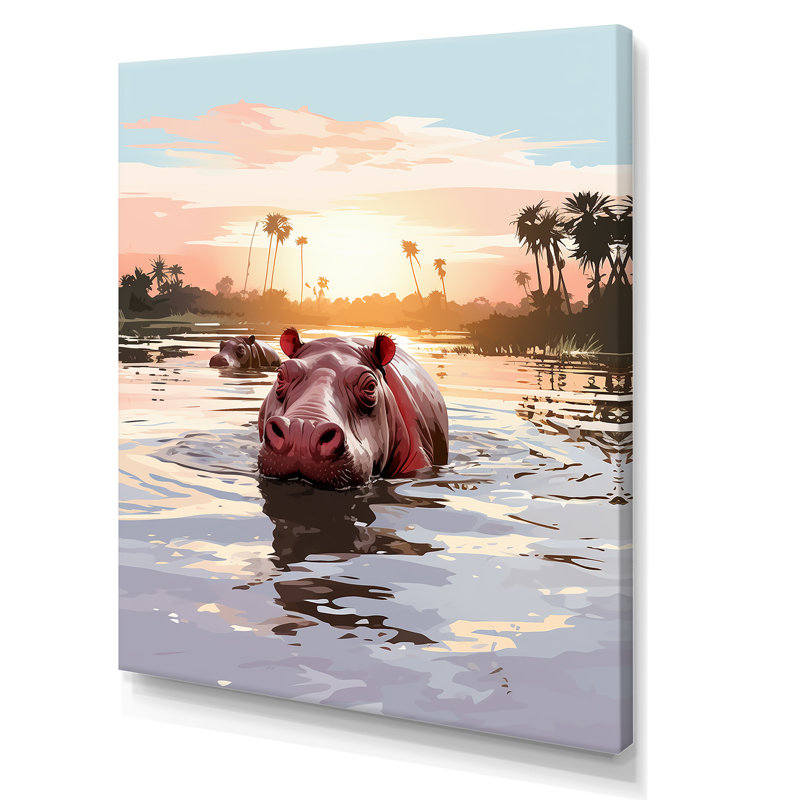 Gris, silhouette d'un hippopotame safari - Hippopotame, Toile tendue, H 44 po x l 34 po x P 1,5 po