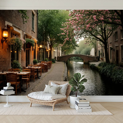 Peel and Stick Wallpaper 144" W x 100" H Modern Self Adhesive Wall Mural for Bedroom Charming Canal View Bridge Blossom Trees European Street