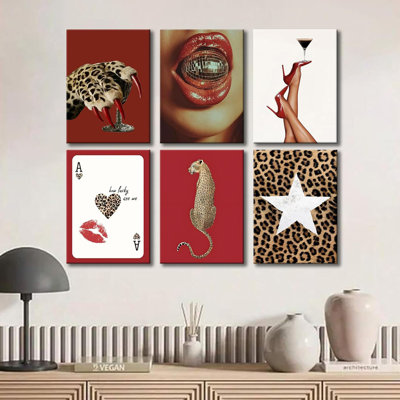 6Pcs Trendy Red Fashion Leopard Wall Art Funky Lucky Wall Decor Ace Of Hearts Spades Poker Canvas Prints Vintage Room Aesthetic Pictures Posters Cheetah Painting For Girly Apartment Dorm Framed