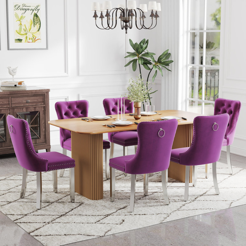 Ensemble de salle à manger rectangulaire en bois avec chaise capitonnée, Mauve, 7, Blanc
