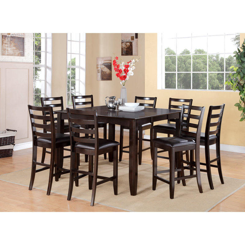 Ensemble de salle à manger à hauteur de comptoir 9 pièces comprenant une table de cuisine carrée avec piédestal et 8 chaises de salle à manger, 54 x 54 pouces, noir et cerise