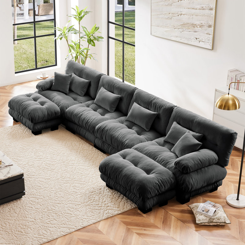 Chenille Modular Sectional Sofa, Oversized U Shape Cloud Couch With 2 Ottomans,Combined 4 Seater Comfy Sofa With Bolster Armrest Pillows