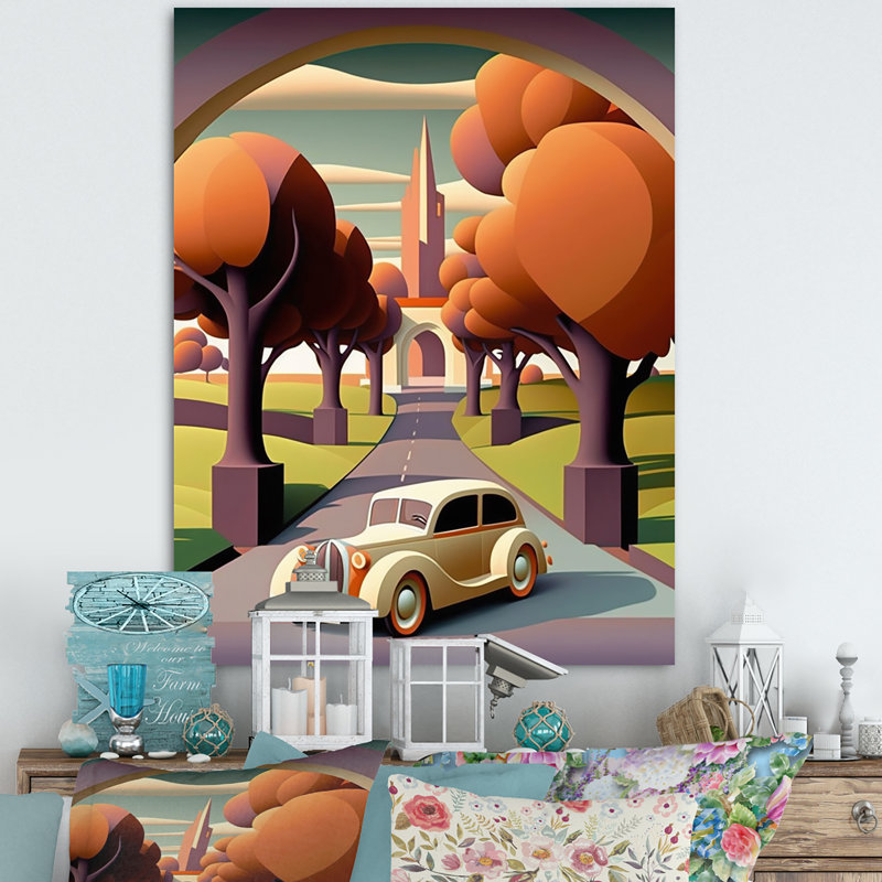 «Fancy Retro Car In Abstract Autumn Landscape», reproduction sur toile, H 20 po x l 12 po x P 1 po, Toile tendue
