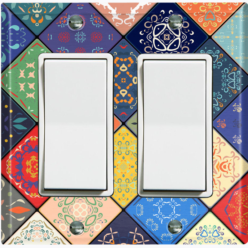 Metal Light Switch Plate Outlet Cover (Vintage Colourful Elegant Diagonal Pattern - Single Toggle)