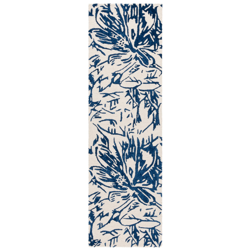 Tapis floral ivoire / bleu en laine / coton touffeté à la main Romon, Tapis de couloir 2 pi 3 po x 8 pi